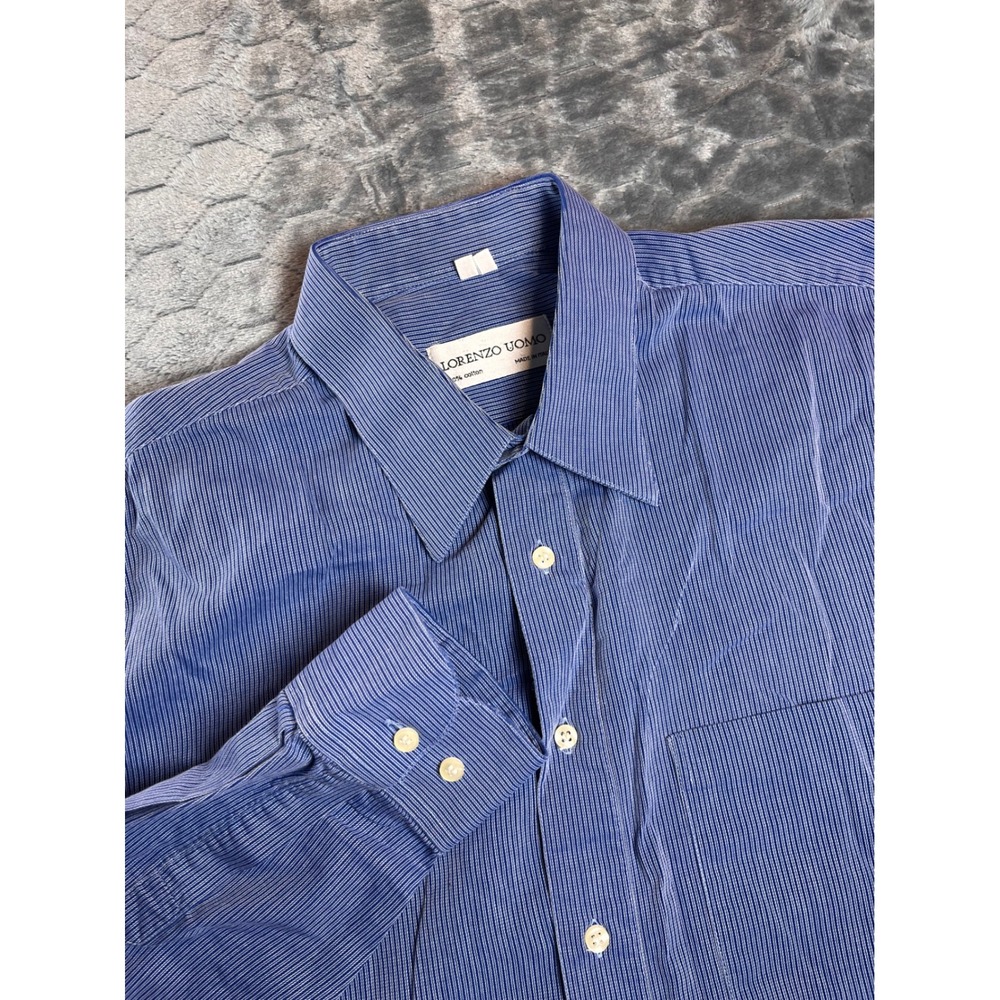 Lorenzo Uomo Men Blue Stripe Dress Shirt 17 34/35 100% Cotton Made in Italy
